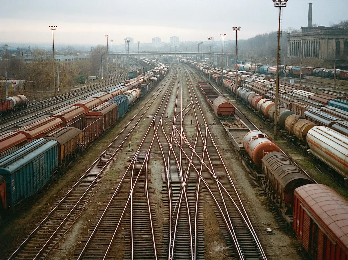 Rail lines converging and separating across a freight yard
