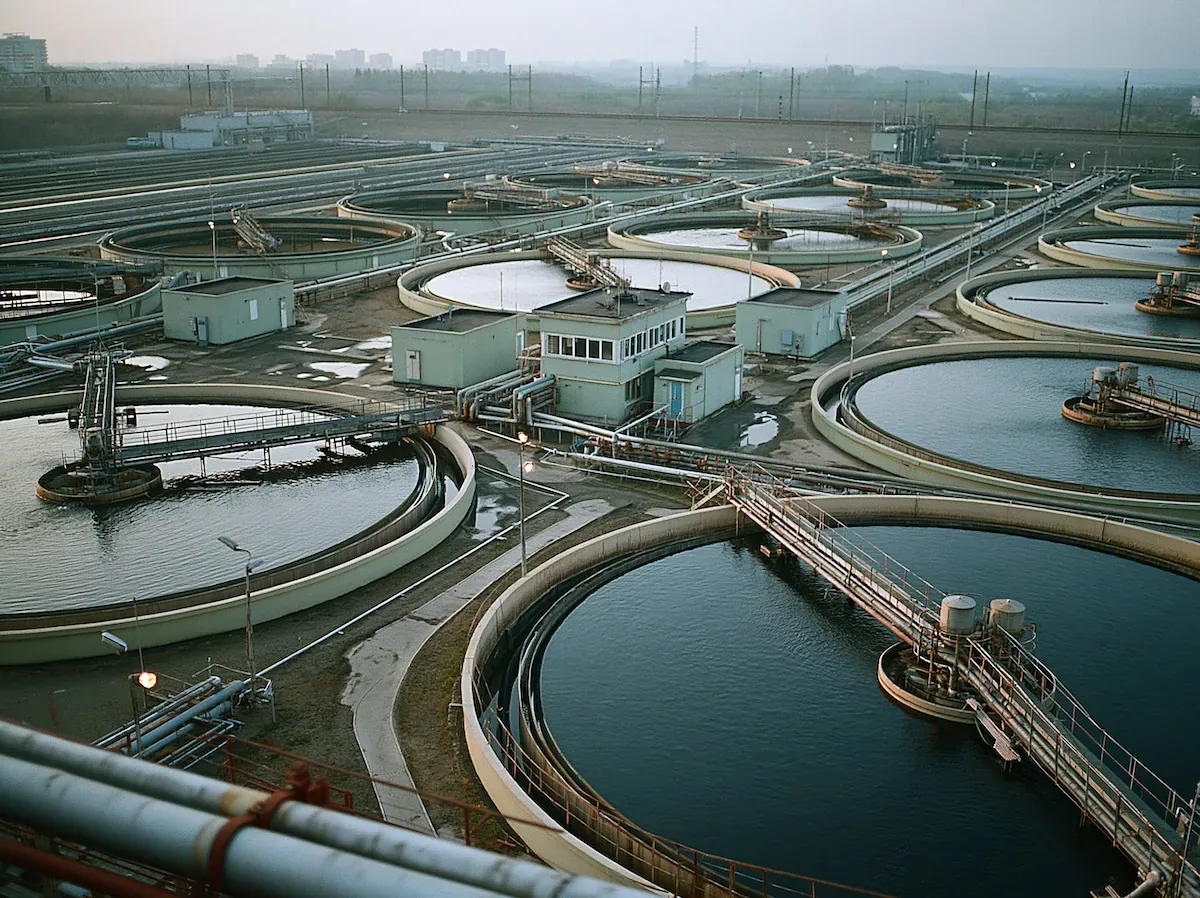 An industrial water system with connected circular basins