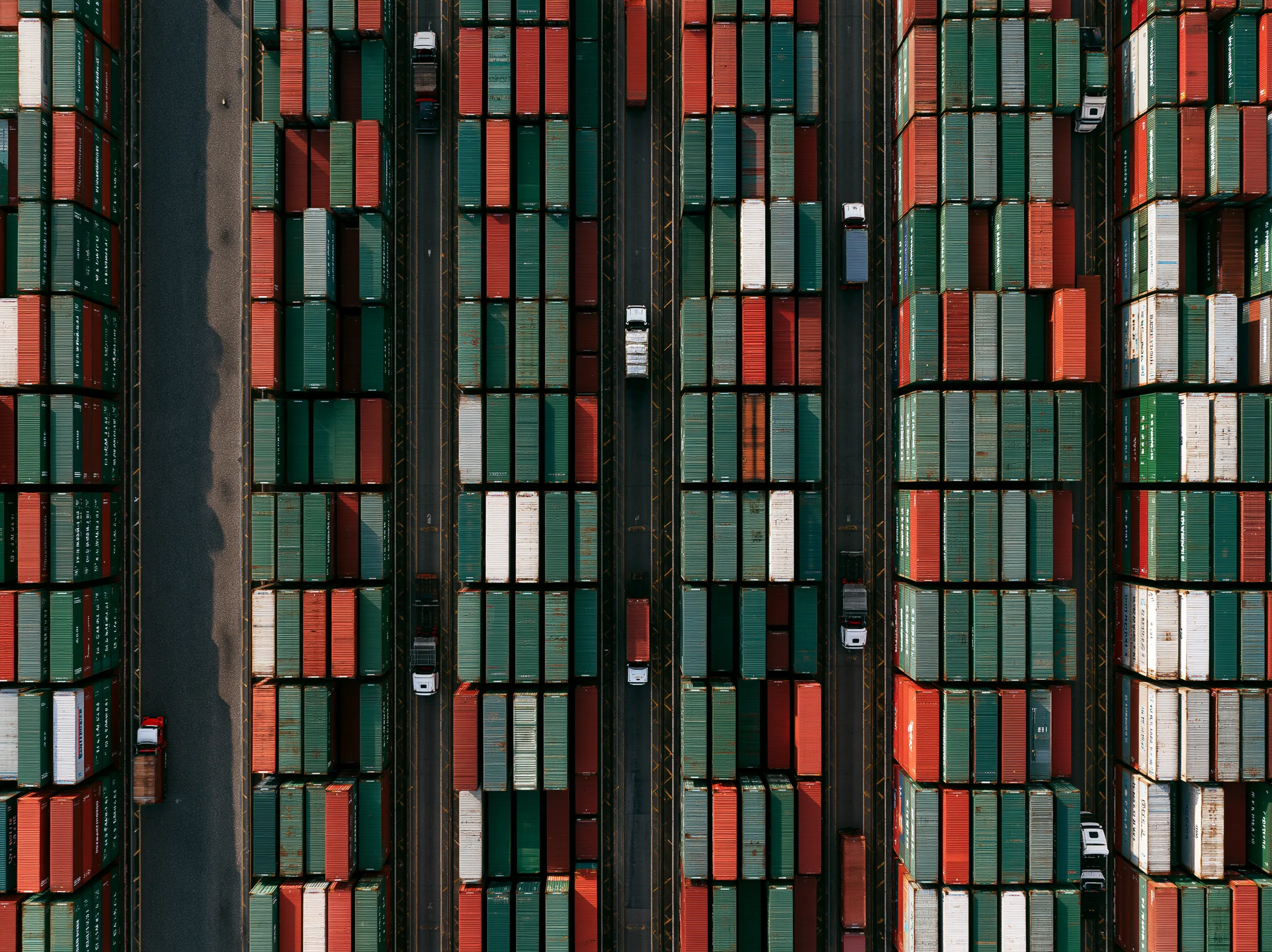 Overhead view of shipping containers arranged in parallel rows