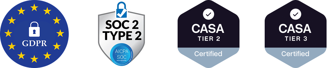 GDPR, SOC 2 Type II, and CASA certification badges